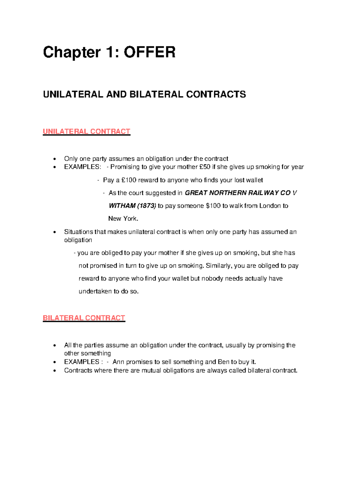 Chapter 1 - Contract Law Notes: Unilateral vs Bilateral Contracts - Studocu