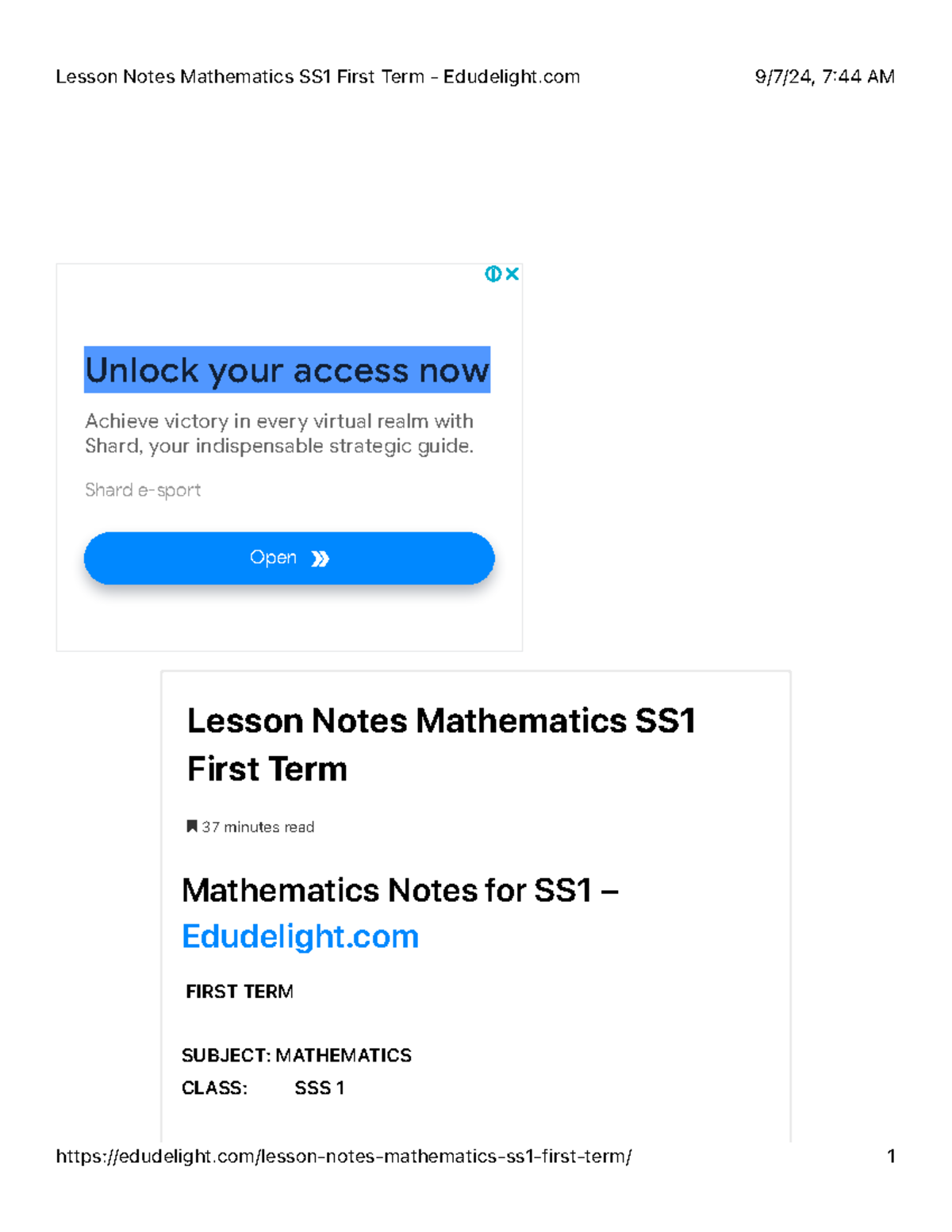 SS1 Mathematics Lesson Notes - First Term Overview - Studocu