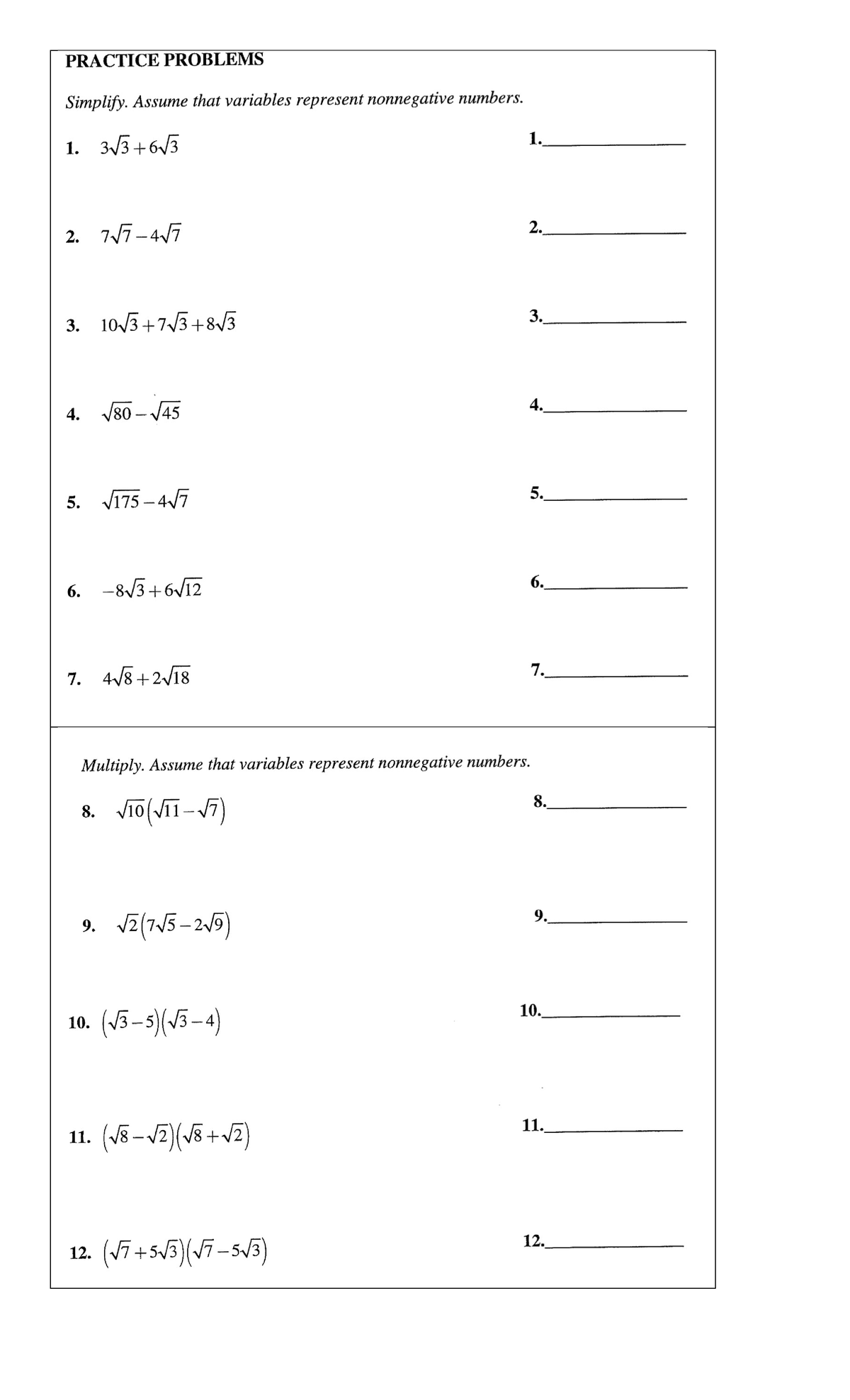 WW on radicals - Activity on Radical Expressions - Bachelor of ...