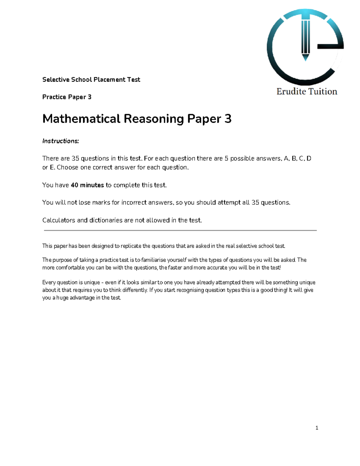 Mathematics Selective Sample Test 3 - Selective School Placement Test ...