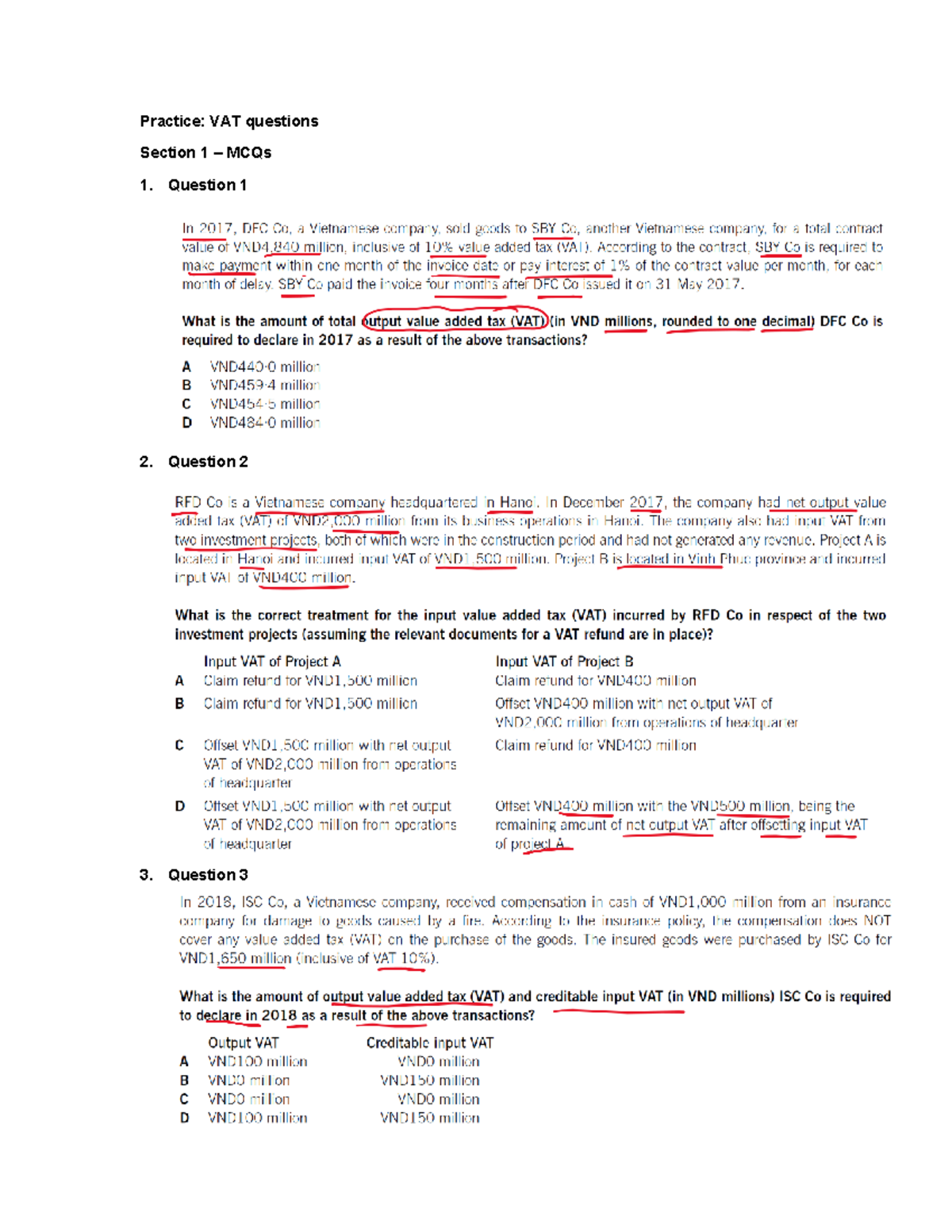 VAT-Questions - VAT - Practice: VAT questions Section 1 – MCQs Question ...