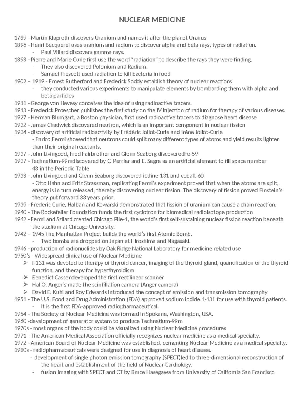 Nuclear Medicine 1789-2012: Key Discoveries and Developments - Studocu