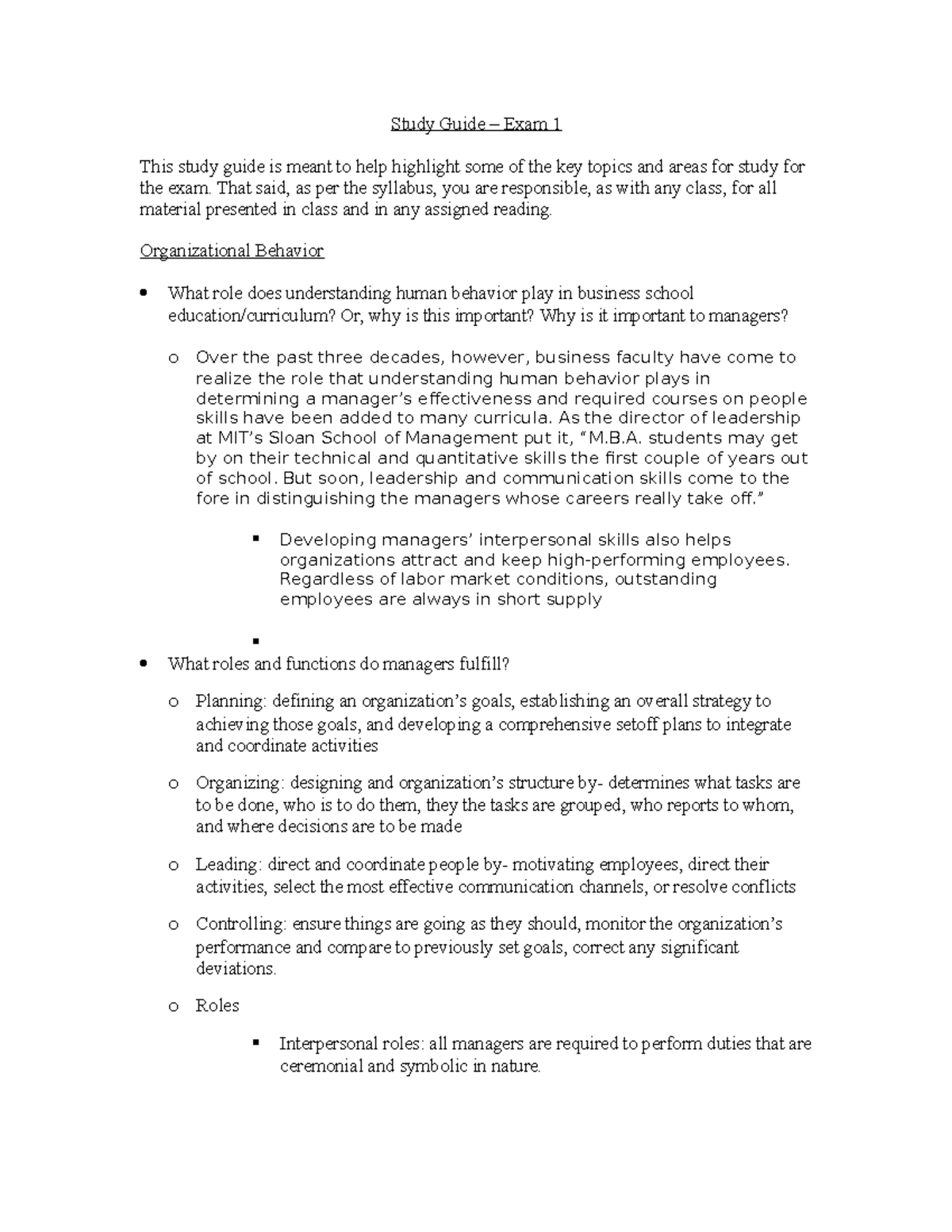 Study Guide - Organizational Behavior Exam 1 Spring 2018 - Studocu