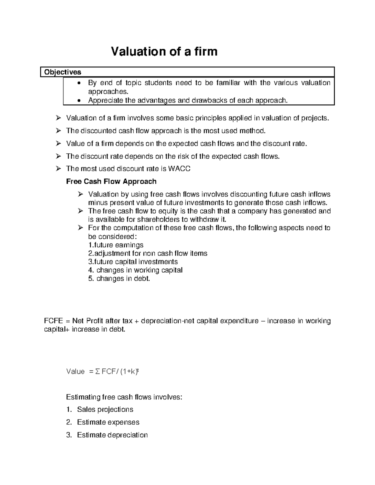 Valuation of a firm - Lecture notes 1 - Valuation of a firm Objectives ...