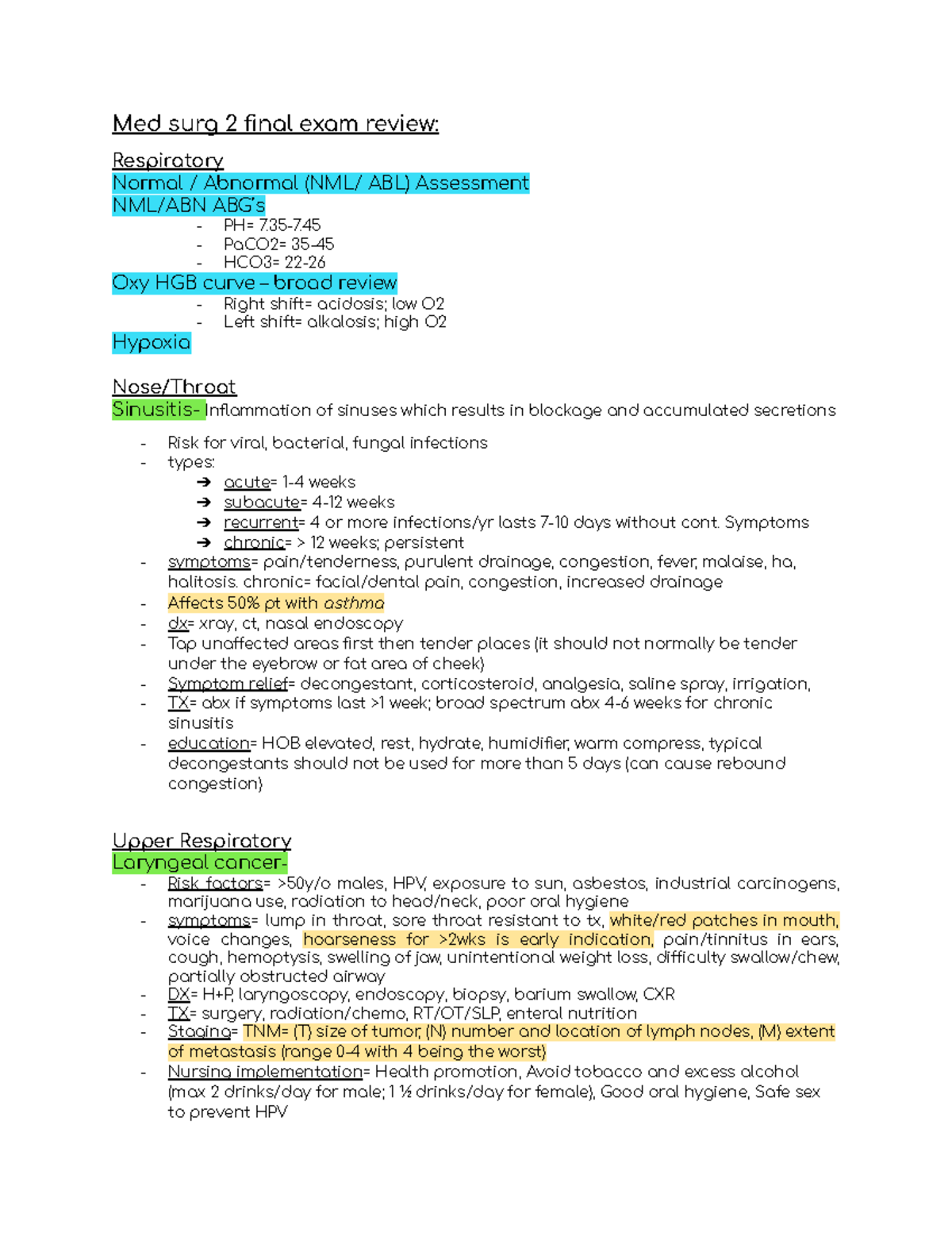 Med Surg 2 Final Exam Review: Respiratory & Upper Respiratory - Studocu