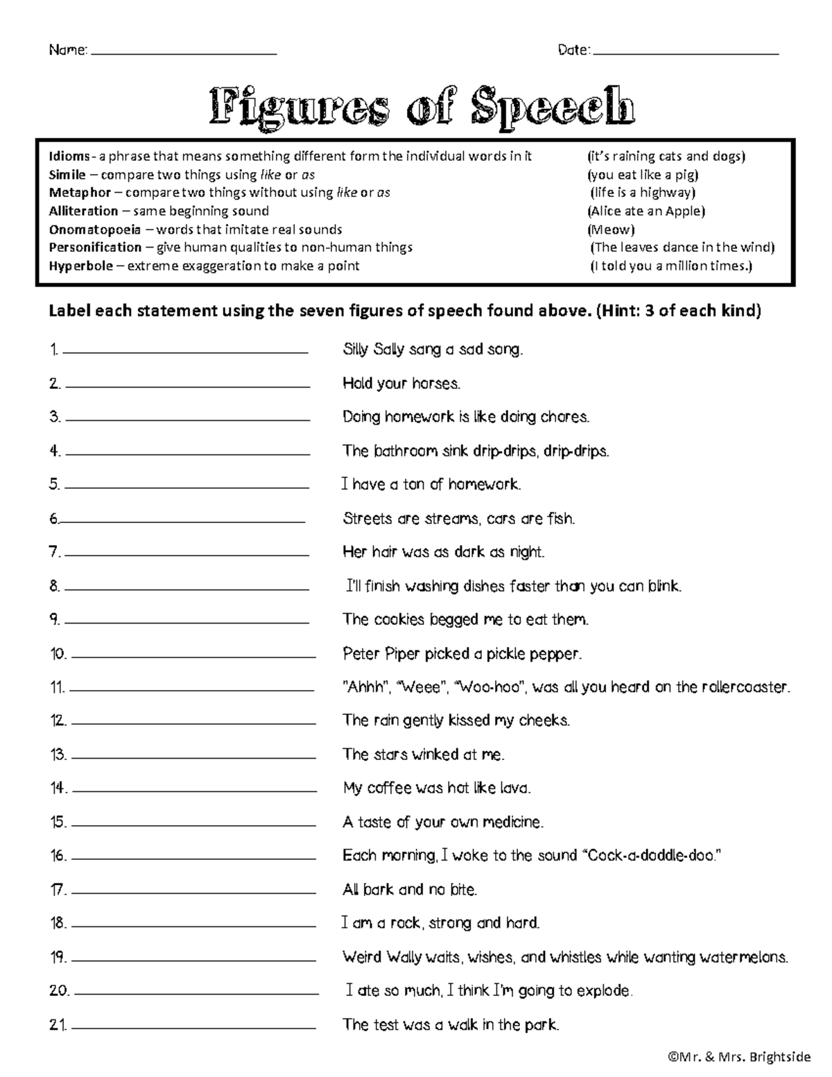 Figurative Language Practice Worksheet: Identifying Figures of Speech ...
