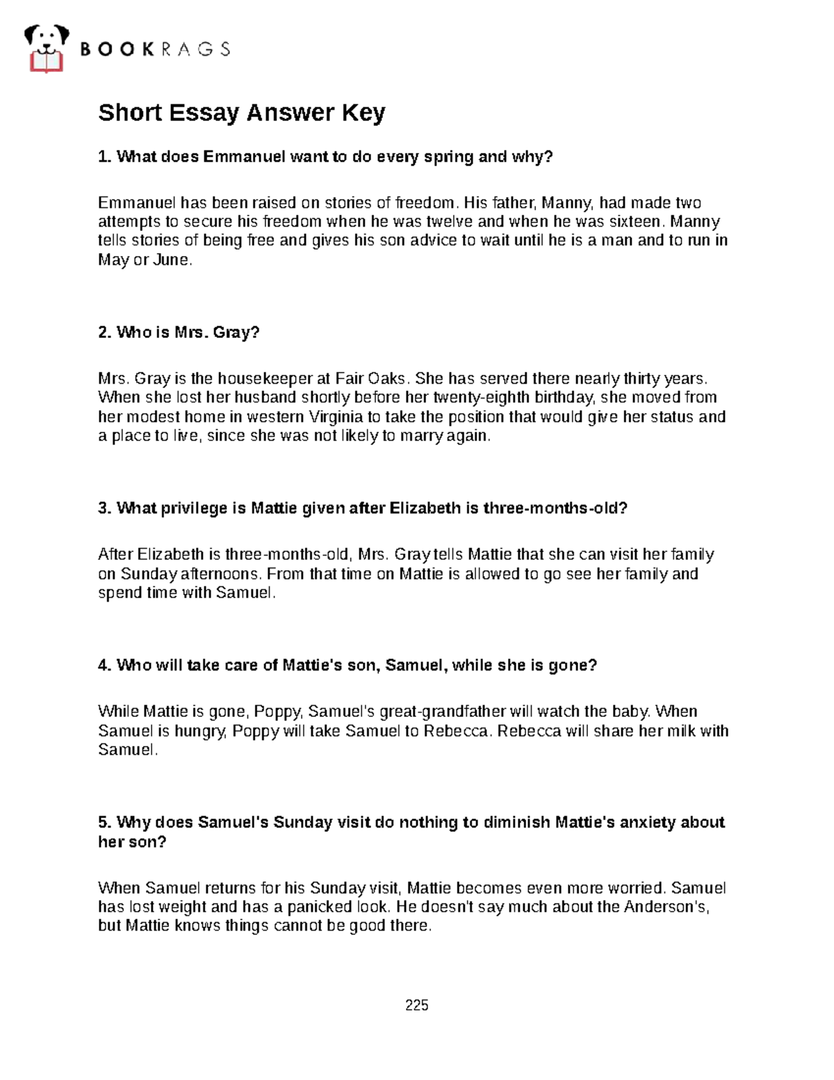 Short Essay Answer Key for Yellow Crocus Lesson Plan 225 - Studocu