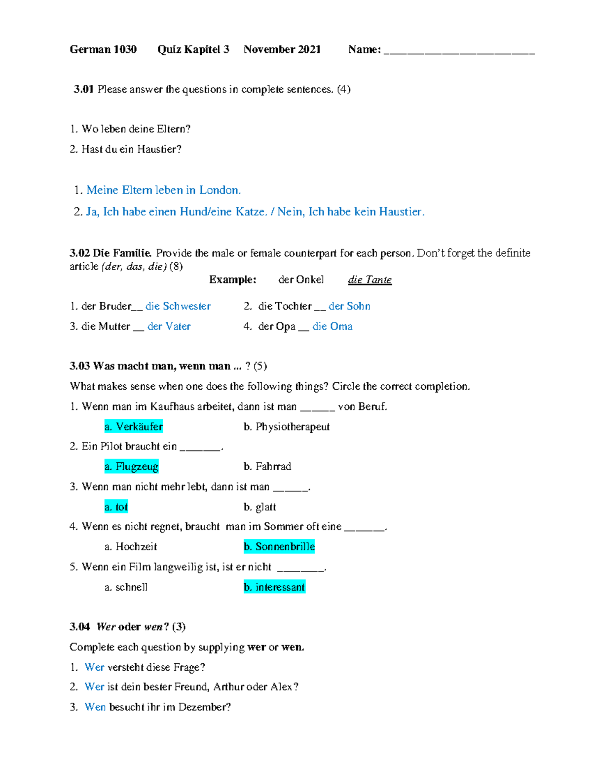 Quiz 3 Answers for German quiz - German 1030 - Western University - Studocu