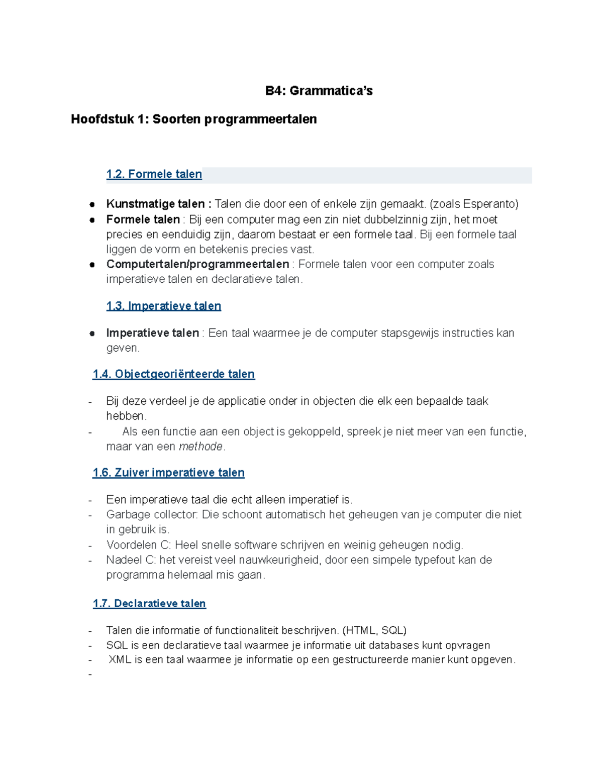 B4: Hoofdstuk 1 - Soorten Programmeertalen en Grammatica's - Studeersnel