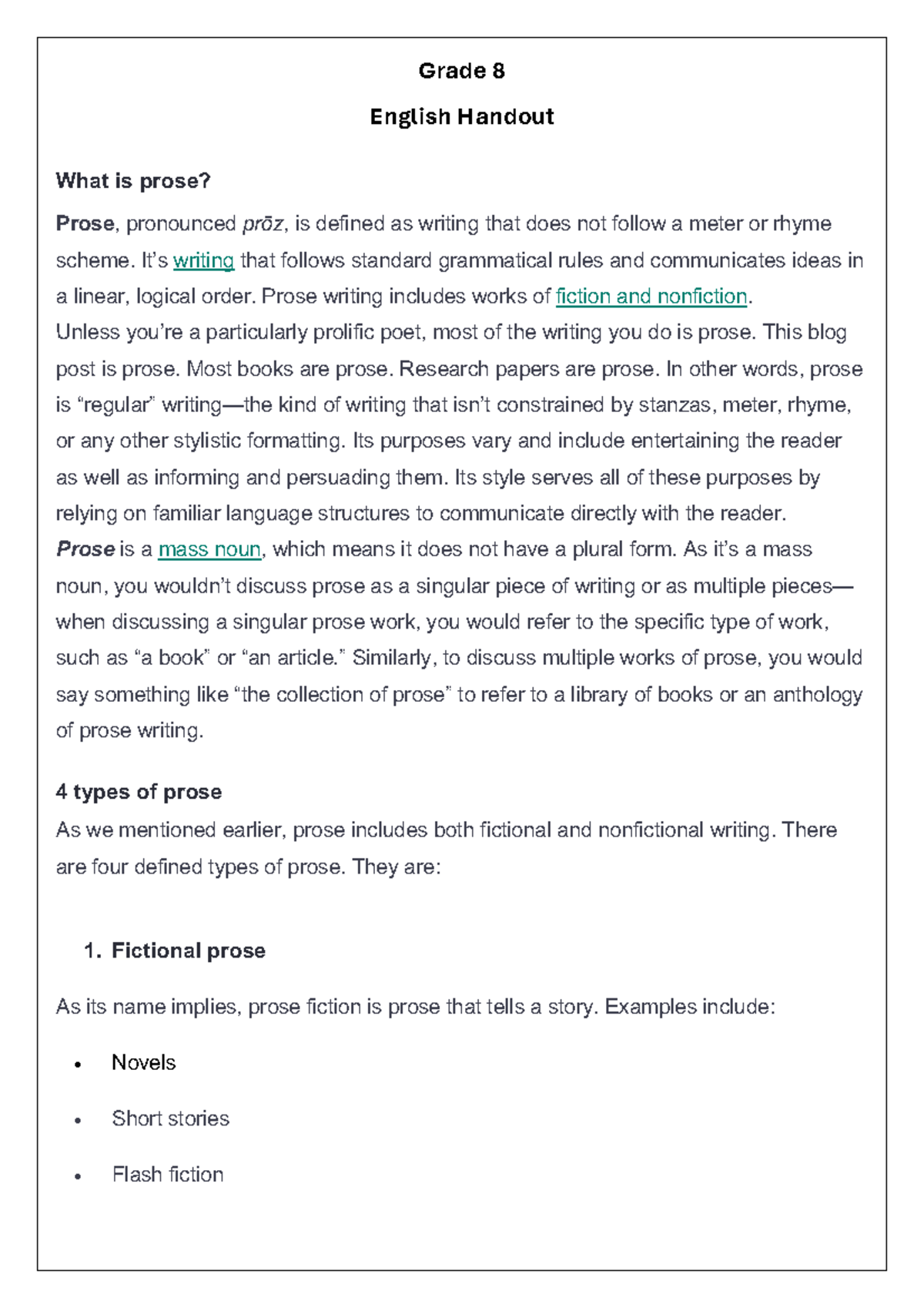 Grade 8 English Handout: Understanding Prose and Its Types - Studocu