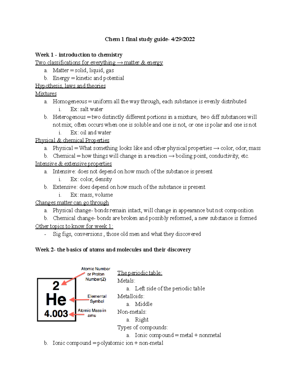 Chem 1 Final Exam Study Guide: Key Concepts & Topics - Part 1 - Studocu