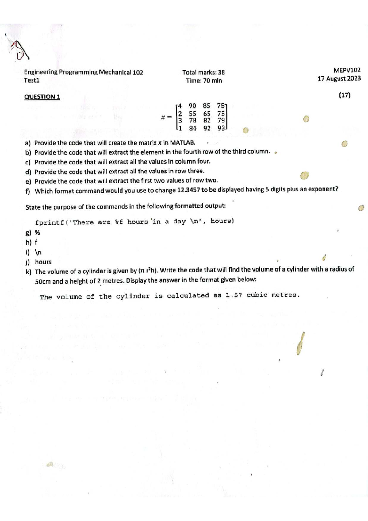 MEPV102 Engineering Programming Test 1 & 2 Practice Solutions - Studocu