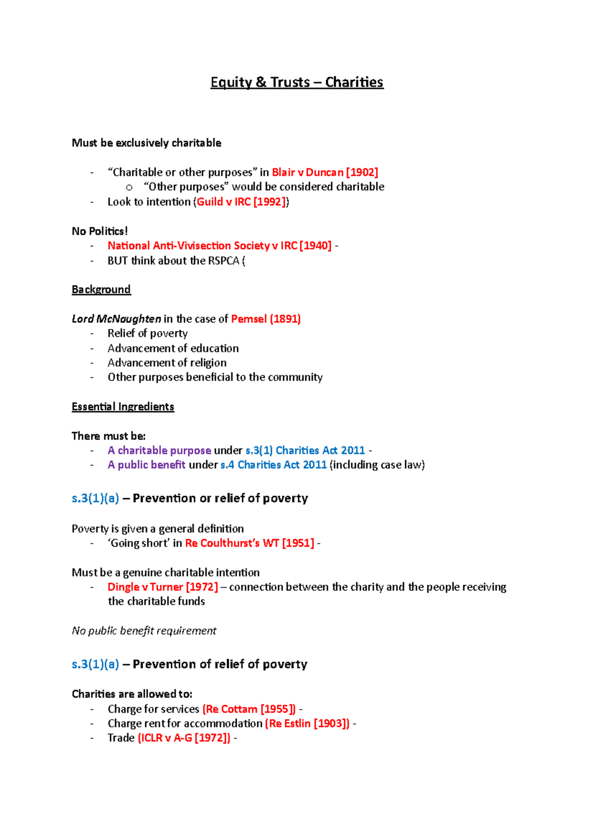 Equity & Trusts: Charitable Trust Notes (Law 101) - Studocu