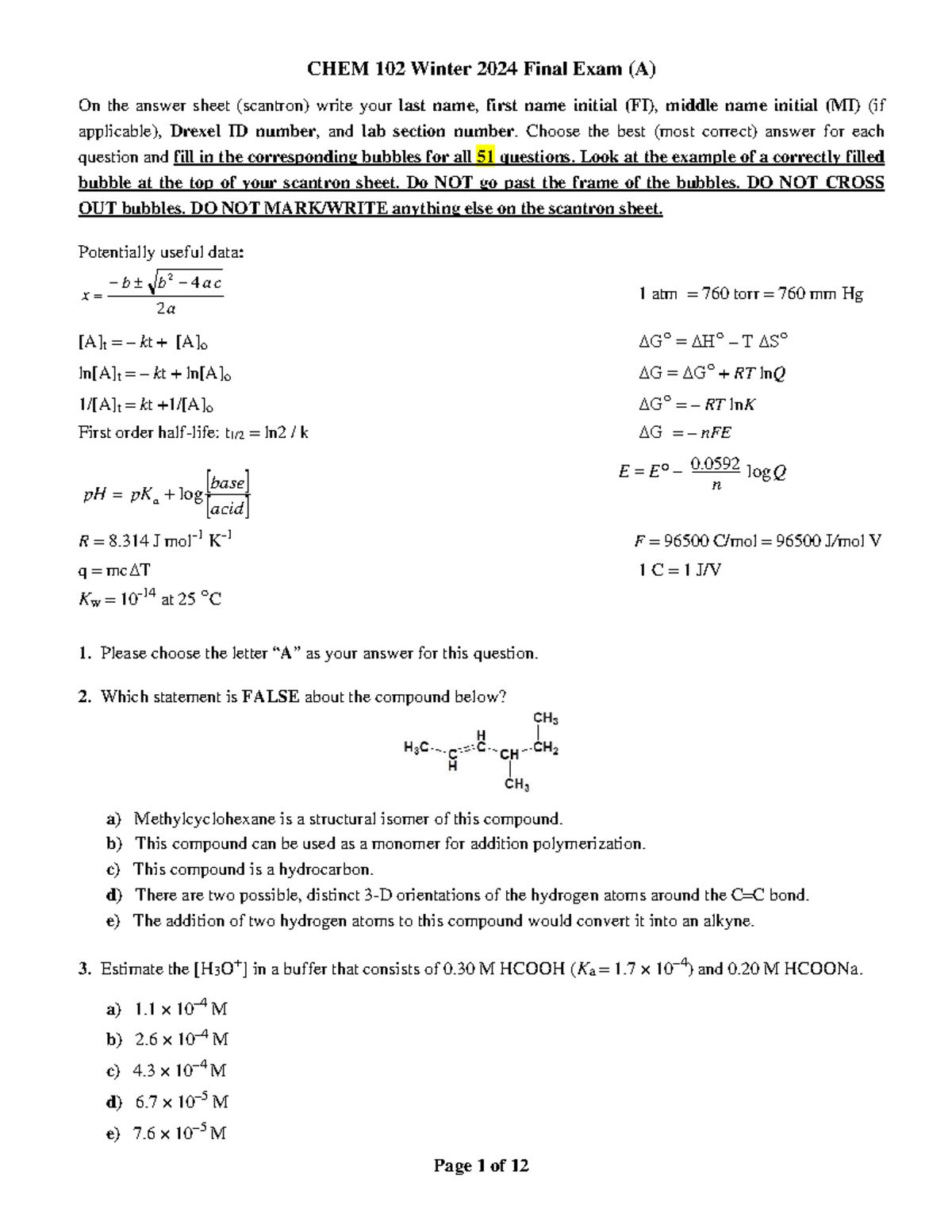 CHEM 102 Winter 2024 Final Exam (A) with Answer Key - Studocu