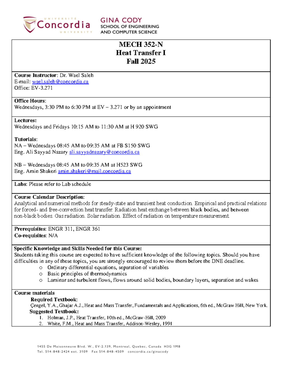 MECH 352 - Heat Transfer I Course Outline for Fall 2025 - Studocu