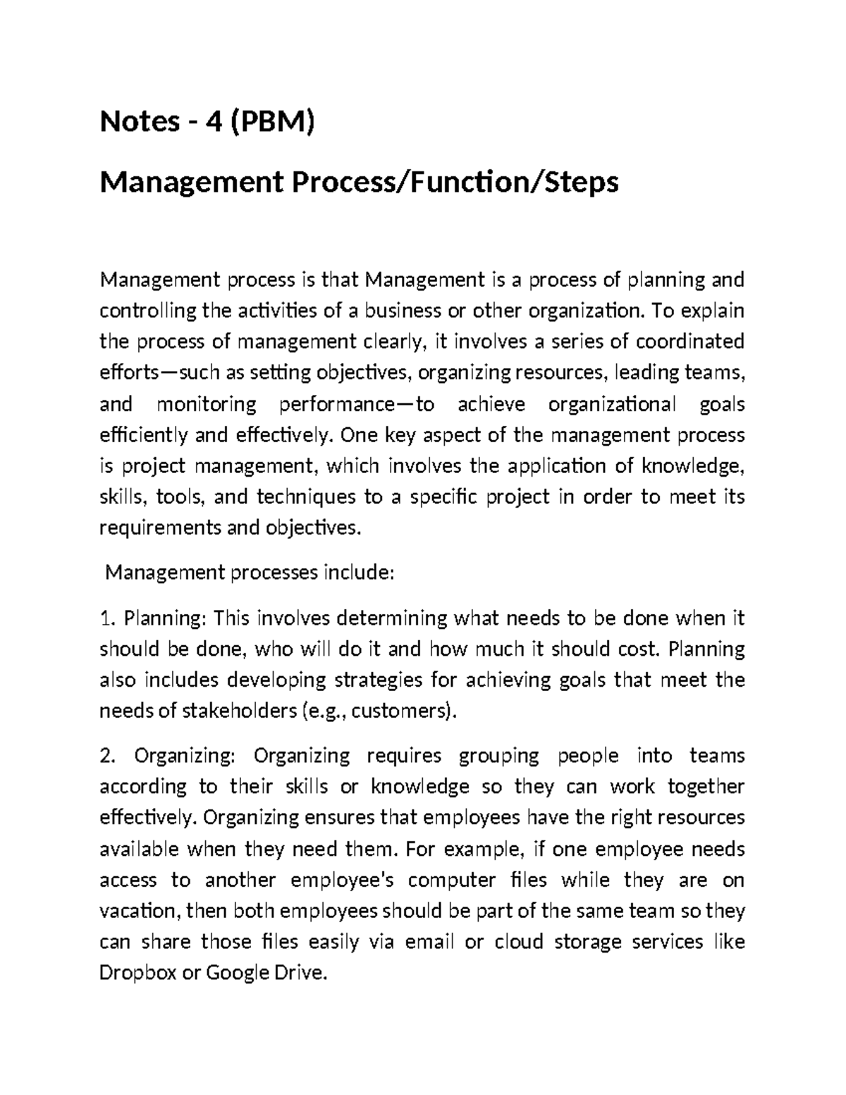 Notes 4 (PBM) - Comprehensive Overview of Management Processes - Studocu