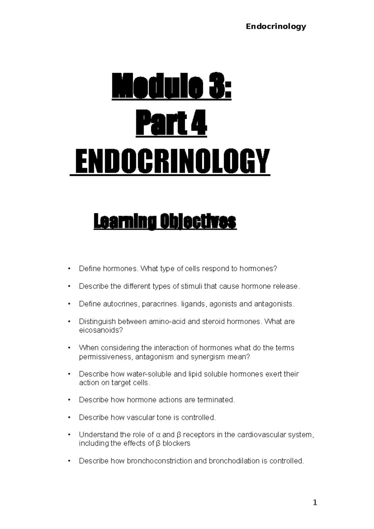 Week 9 ENDOCRINOLOGY Learning Objectives & Key Concepts Summary - Studocu
