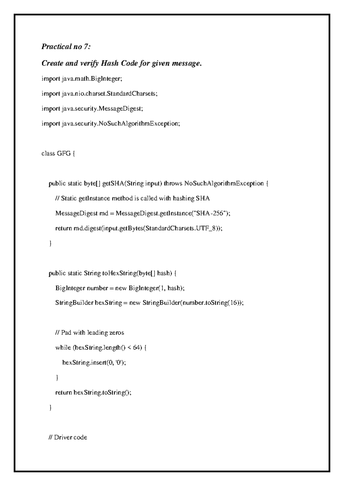 EXP 7 NIS 21 - Practical no 7: Create and verify Hash Code for given ...
