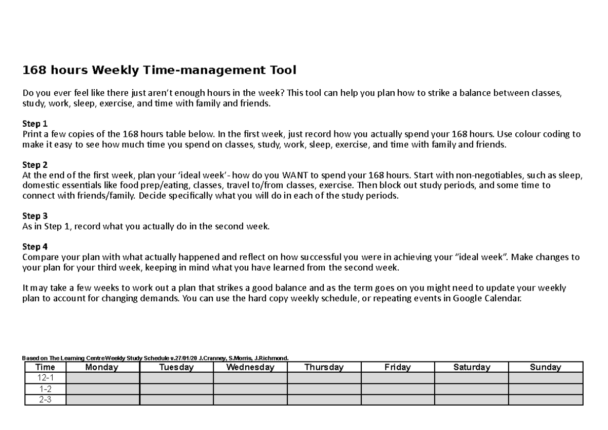 168 hours Weekly Time-management Tool - Step 1 Print a few copies of ...