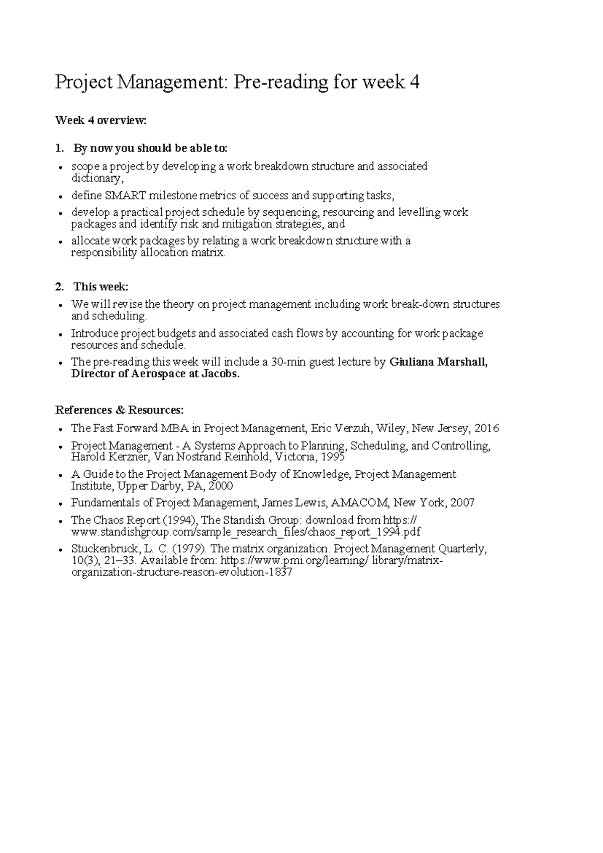 Week 4 Pre-Reading PM Planning 2020 - Project Management: Pre-reading ...