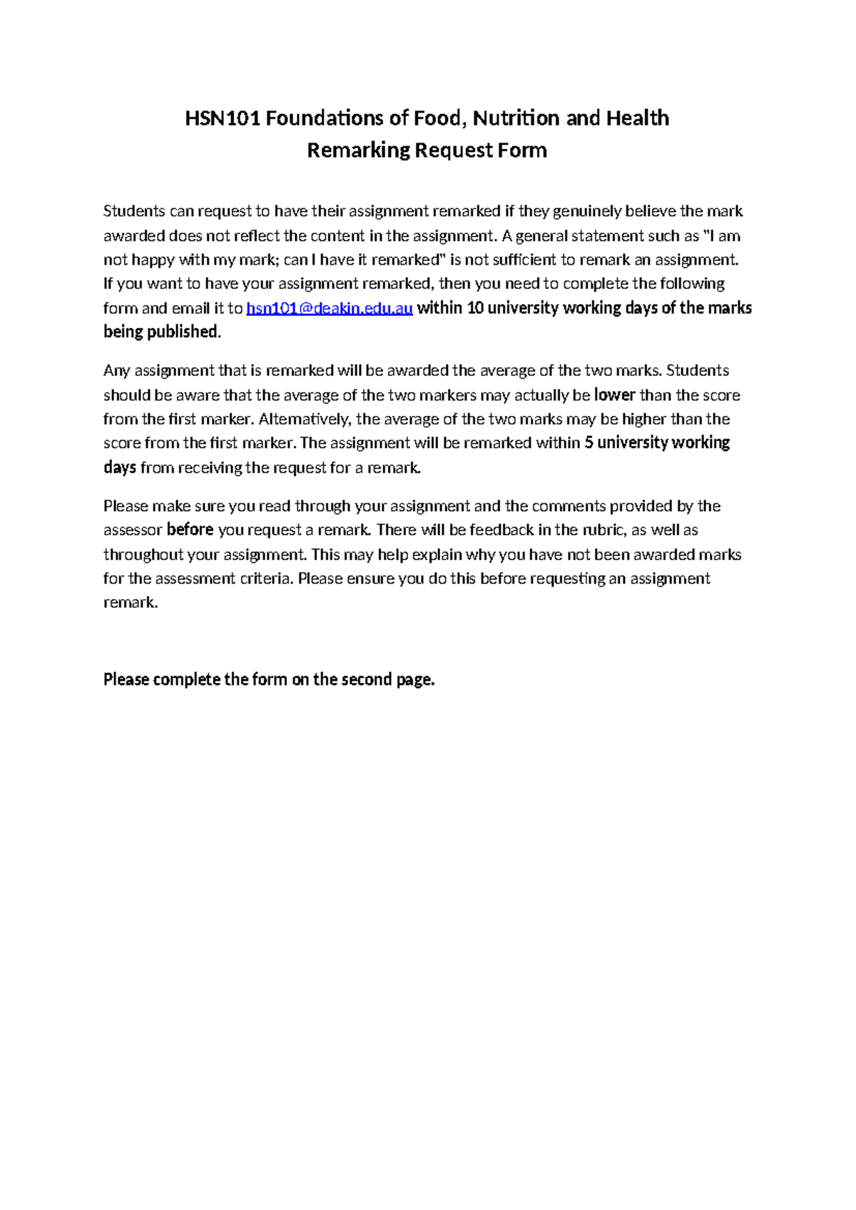 HSN101 Assignment Remarking Request Form Guidelines - Studocu
