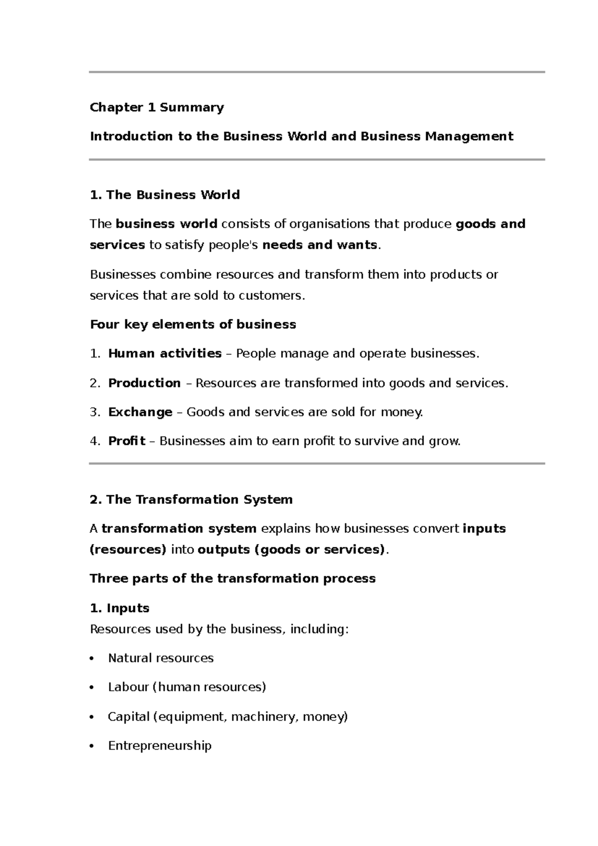Chapter 1 Summary: Introduction to Business World - MAN 101 - Studocu