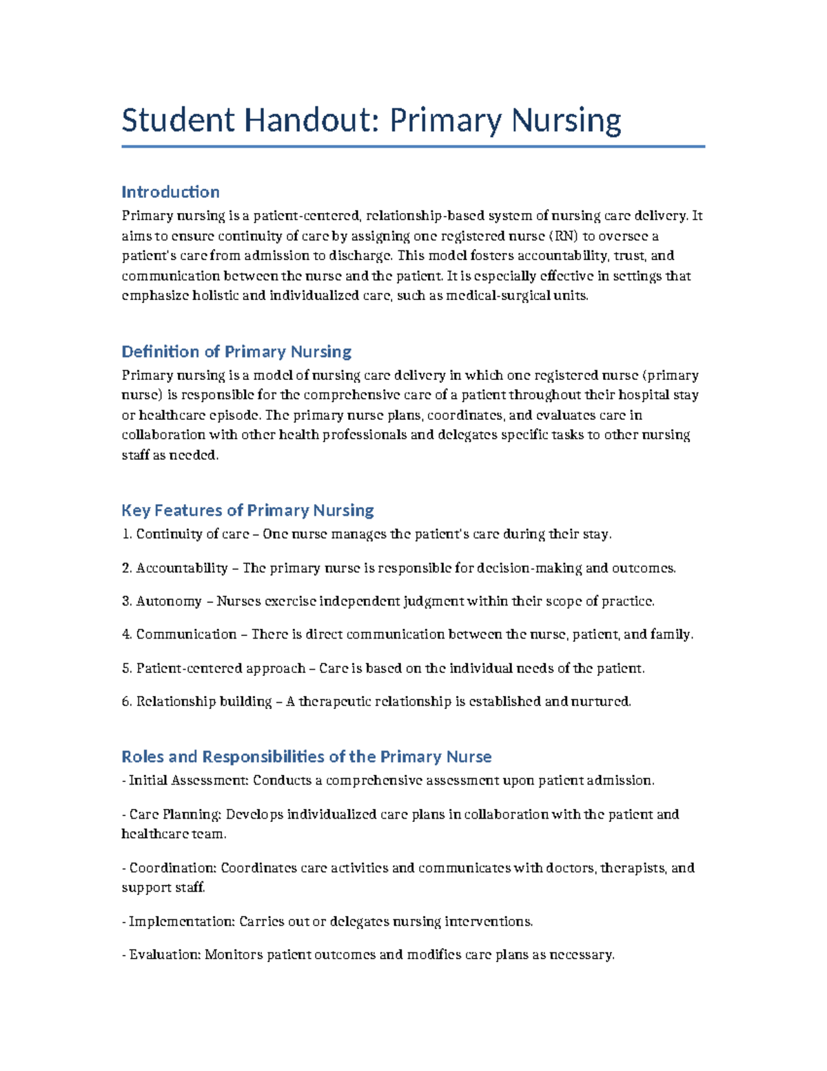 Student Handout: Introduction to Primary Nursing Care Model - Studocu