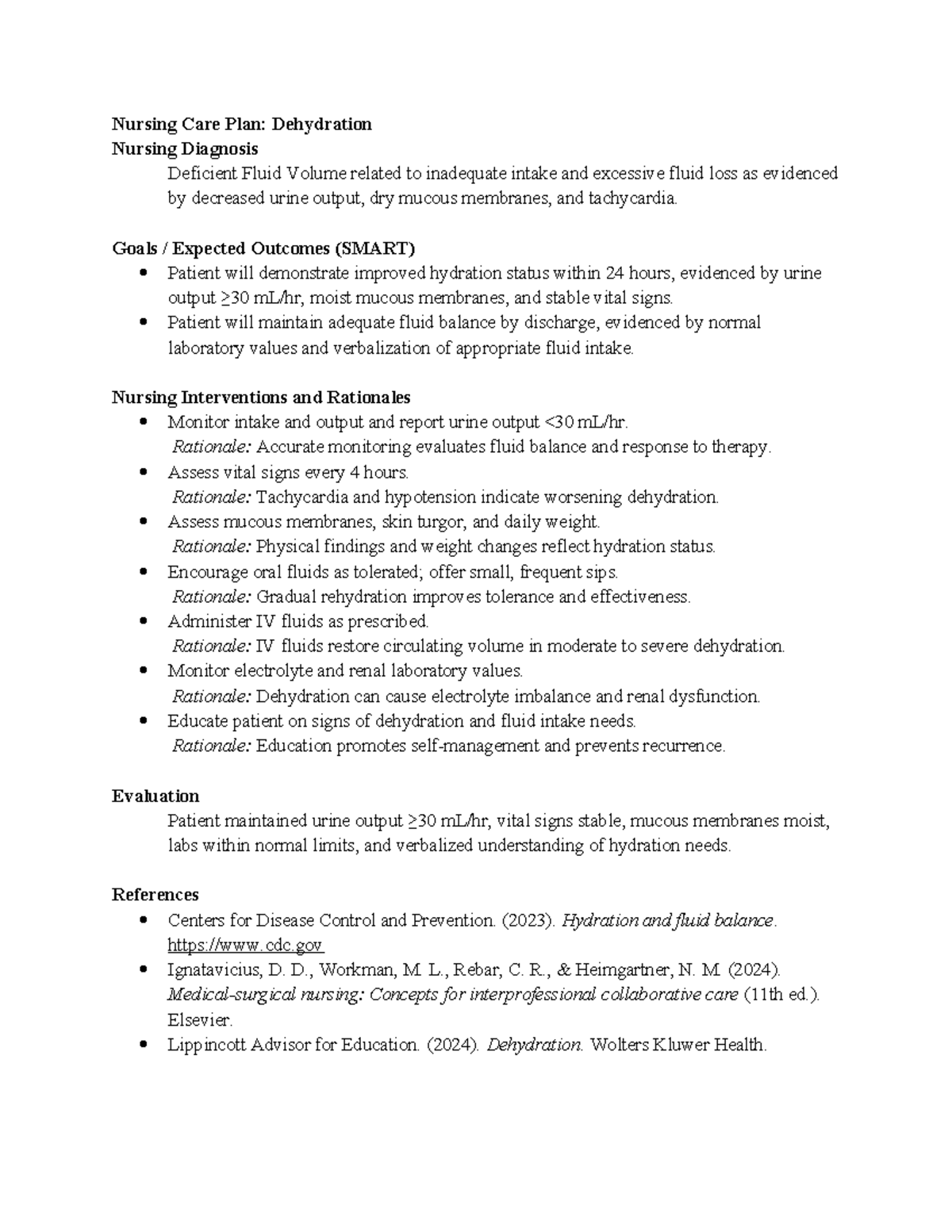 Nursing Care Plan: Dehydration (Module 3) - Fluid Volume Deficit ...