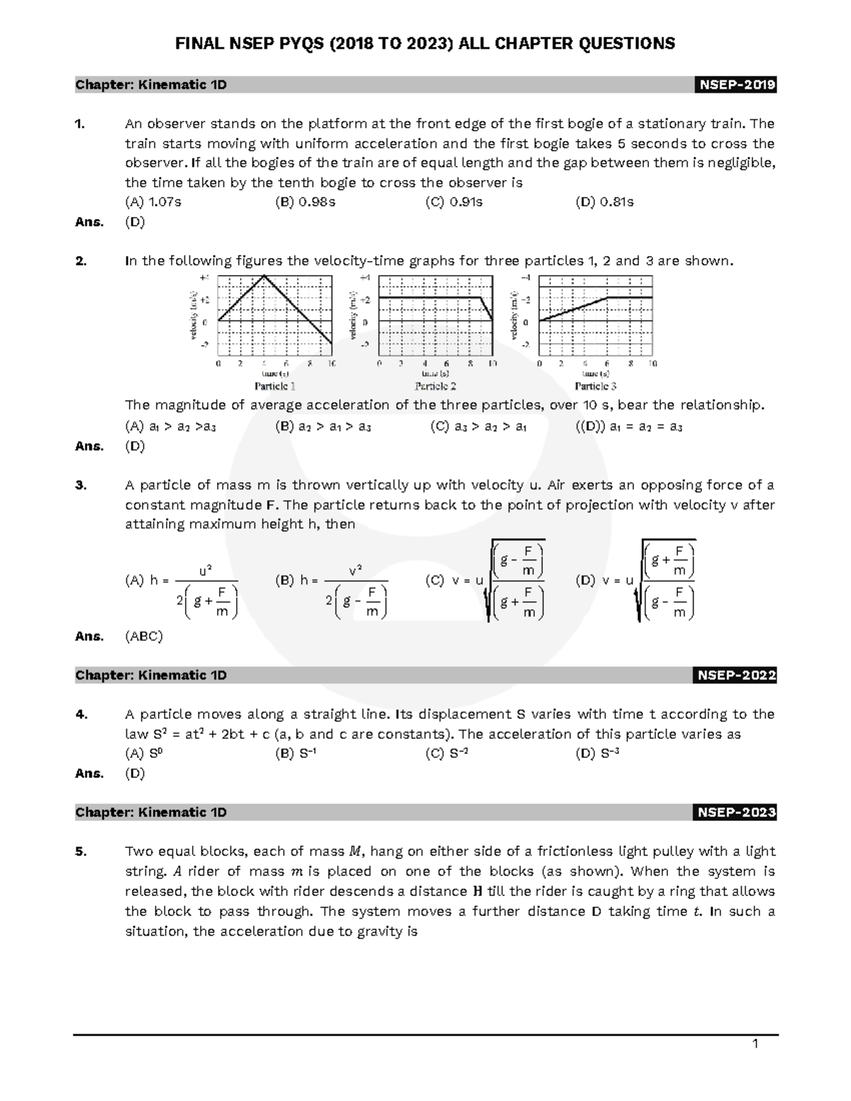FINAL NSEP PYQs (2018-2023) Kinematic & Dynamics Questions - Studocu