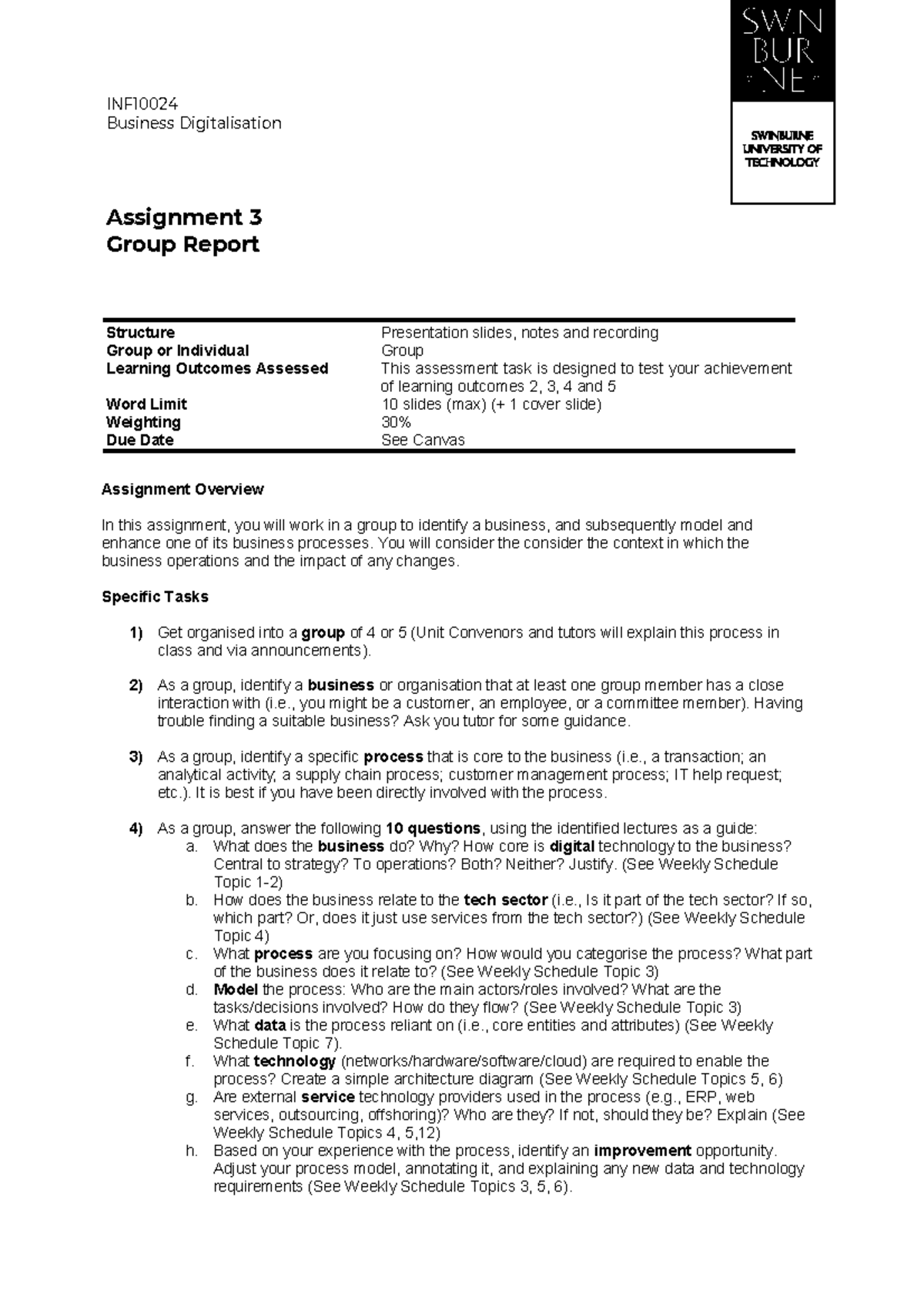 INF10024 S1 2024 Assignment 3 Group Report Overview and Guidelines ...