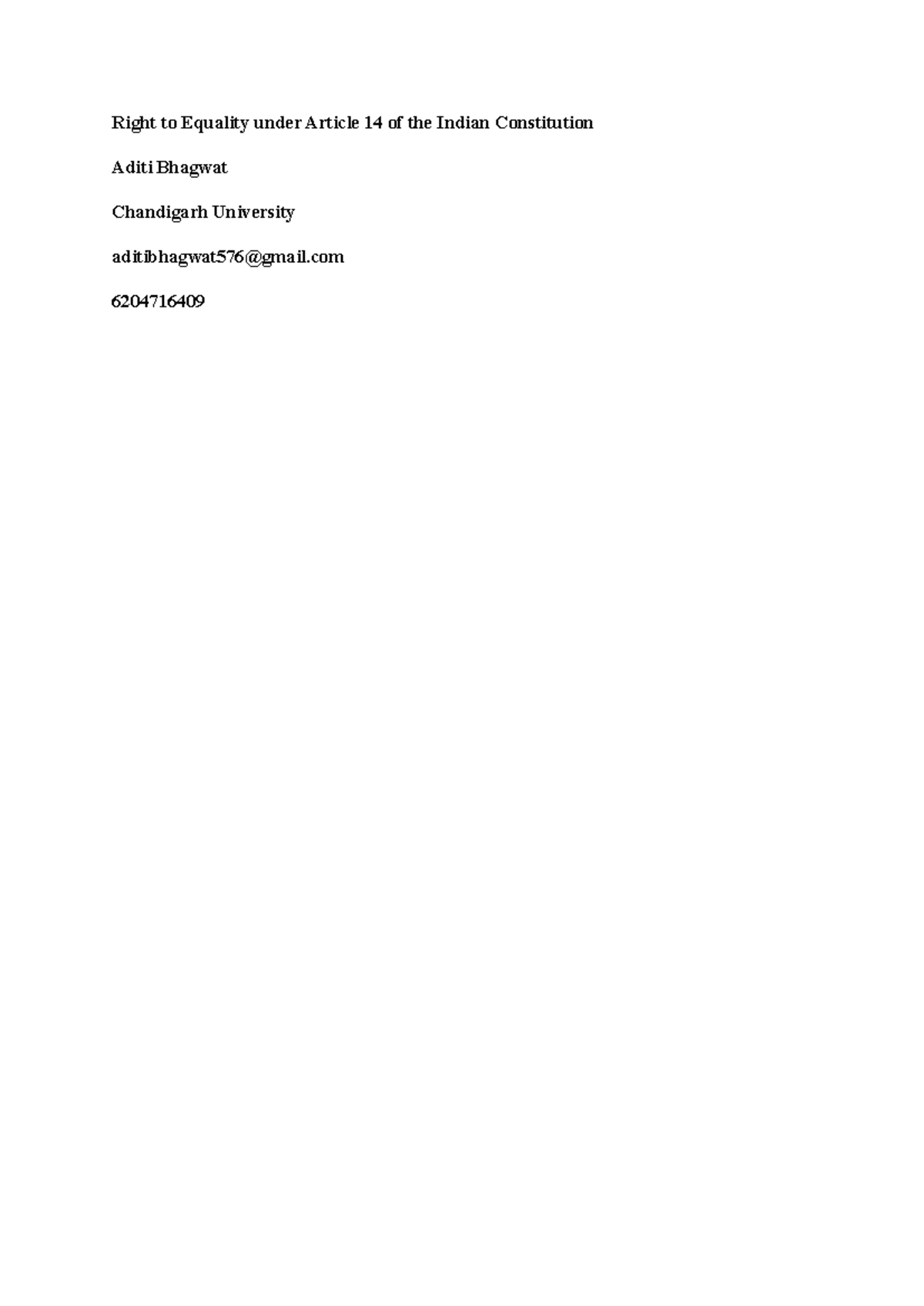 Article 14: Right to Equality in the Indian Constitution - Aditi ...