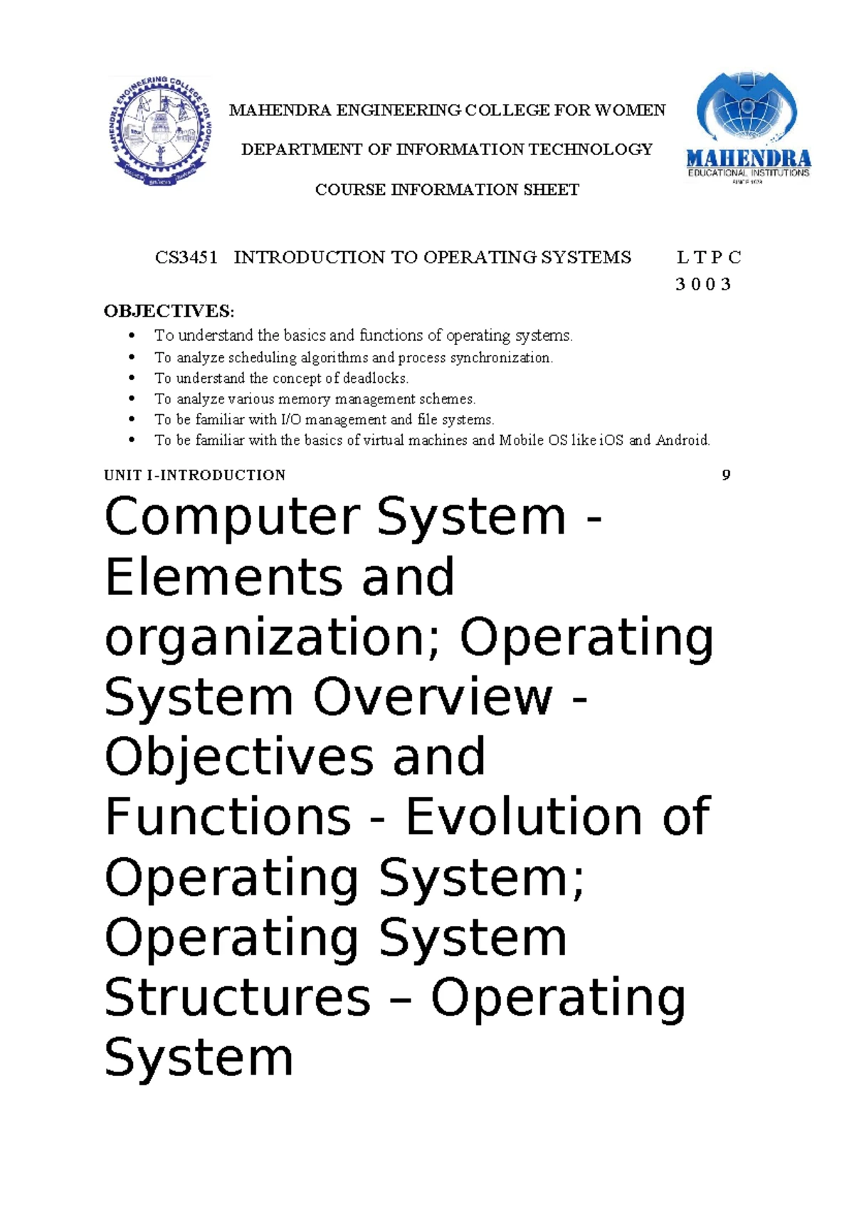 CS3451 Introduction to Operating Systems - Unit I Question Bank - Studocu