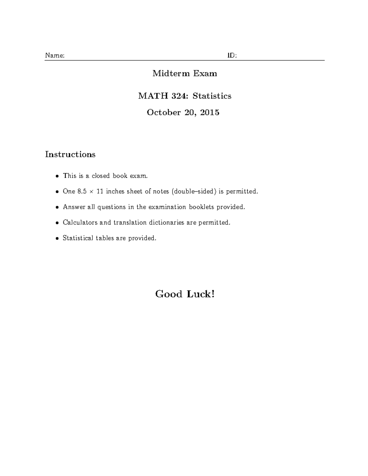 Midterm Exam MATH 324: Statistics Questions from 20 October 2015 - Studocu
