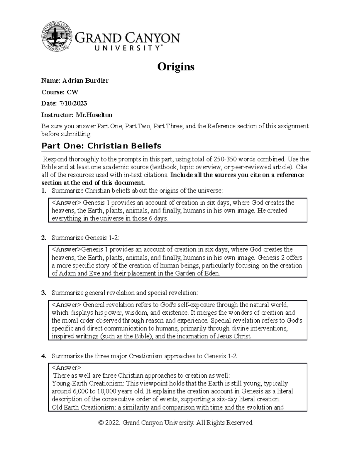 CW Assignment: Exploring Christian Beliefs on Origins and Creation ...