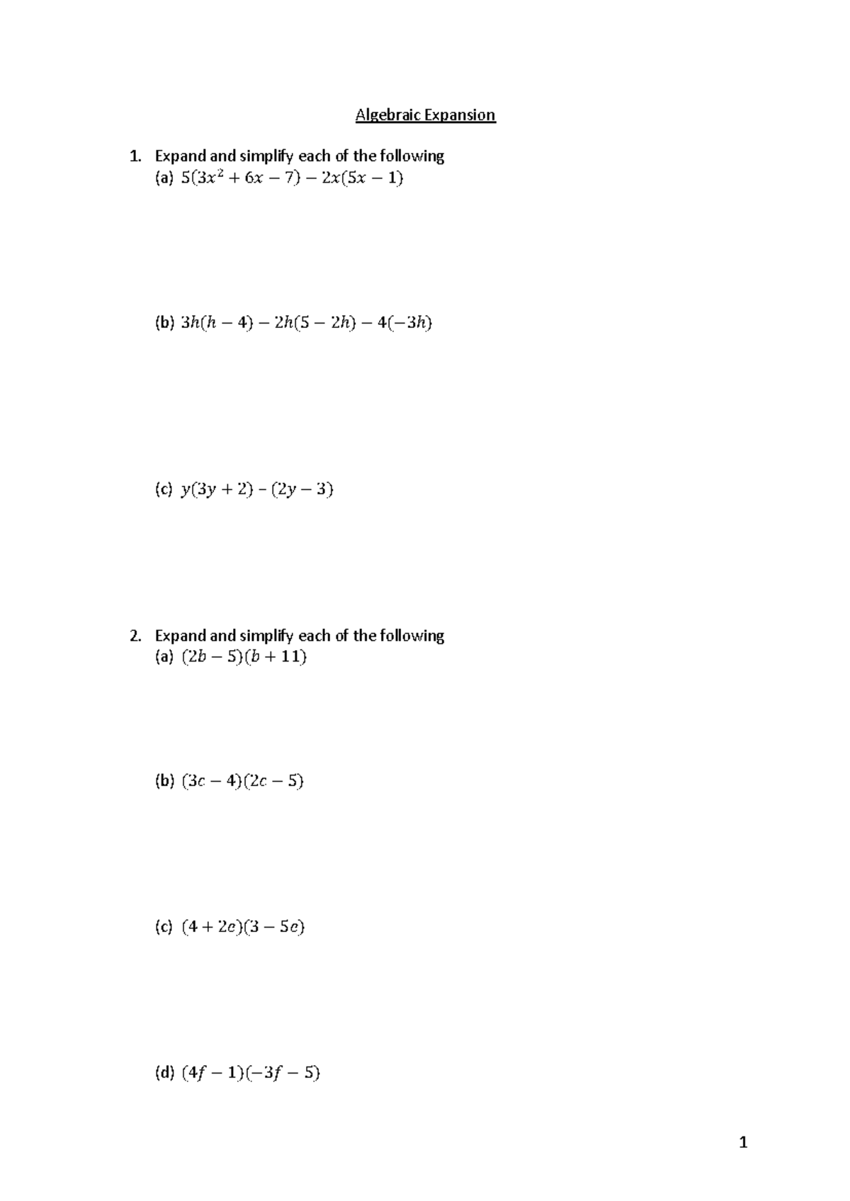 Sec 2 Algebraic Expansion: Expand & Simplify Exercises - Studocu