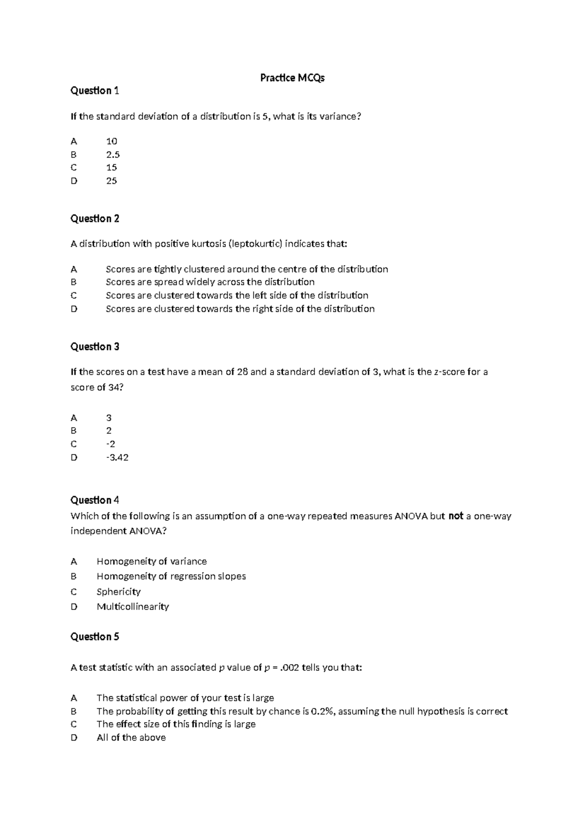 MCQs on Statistical Analysis for Psychology (PSY101) - Practice Test ...