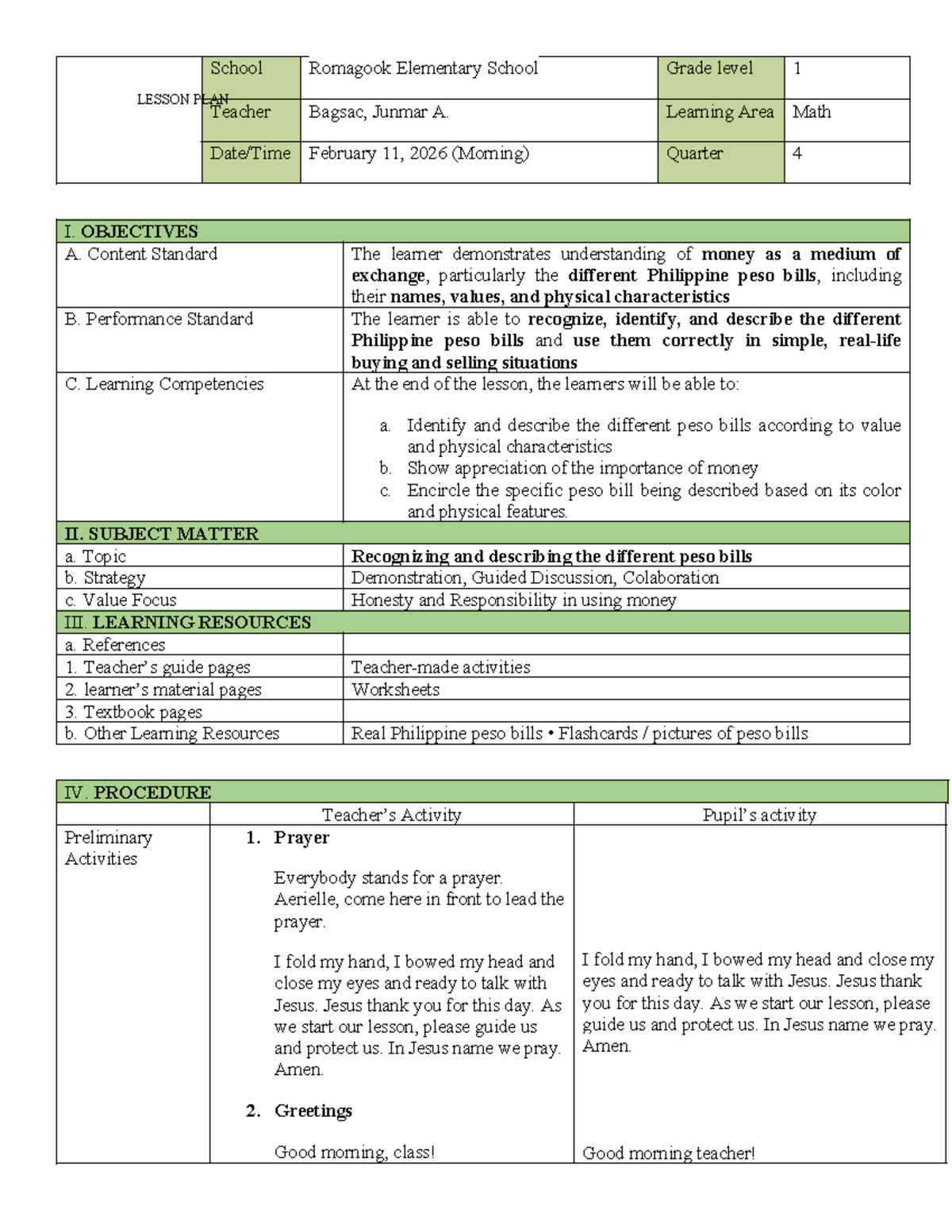 DO42 Lesson Plan: Understanding PESO Bills in Math Class - Studocu