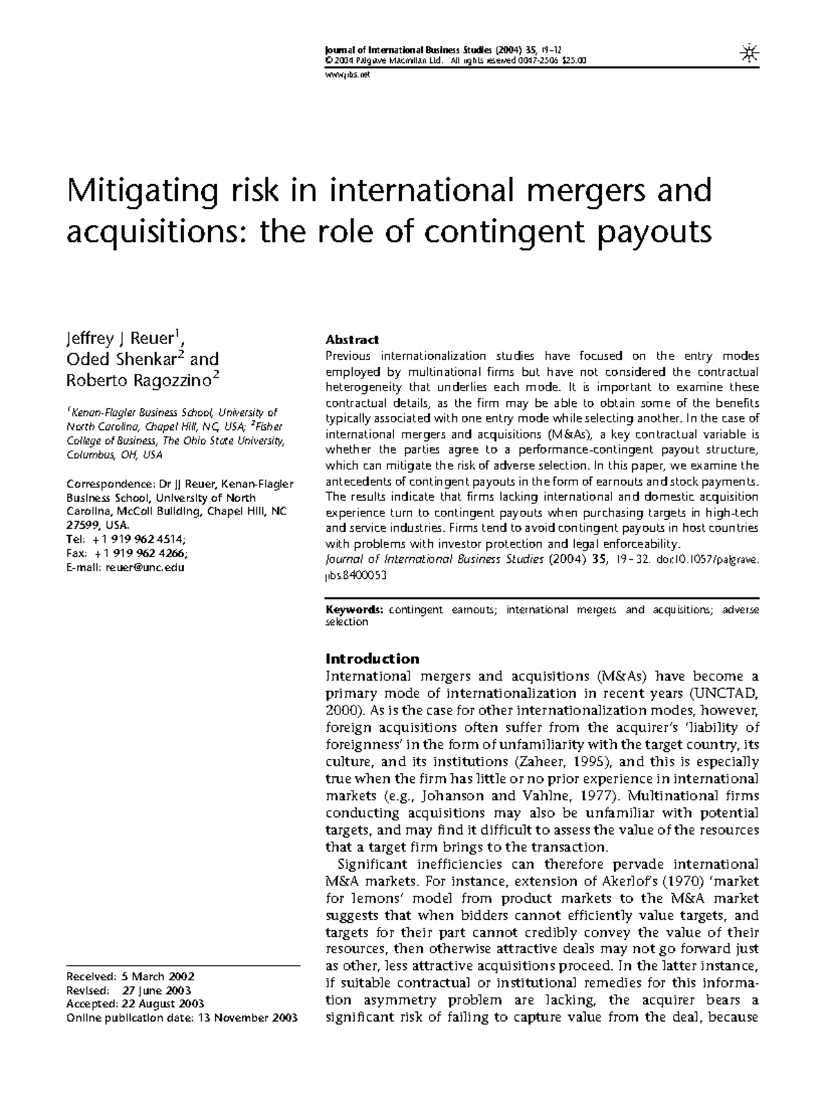 Mitigating Risk in International Mergers & Acquisitions: Contingent ...
