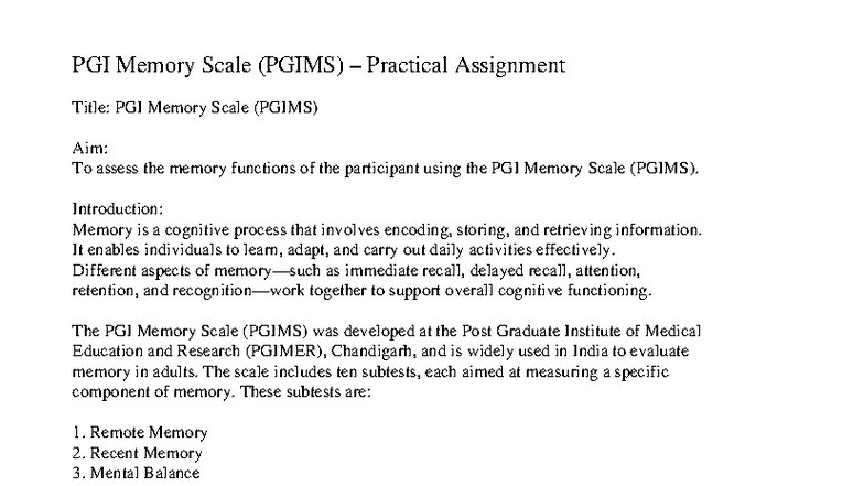 PGIMS Practical Assignment: Memory Function Assessment - Studocu