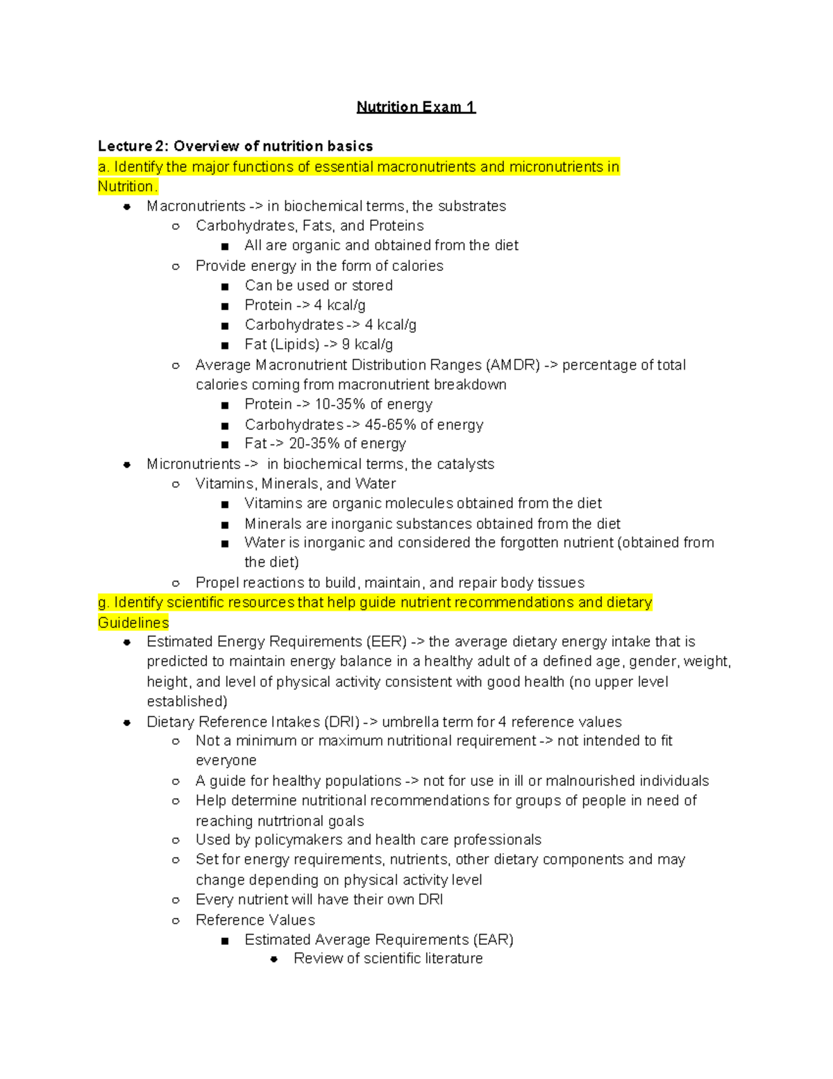 Nutrition Exam 1 Review Notes - Lecture Insights & Key Concepts - Studocu