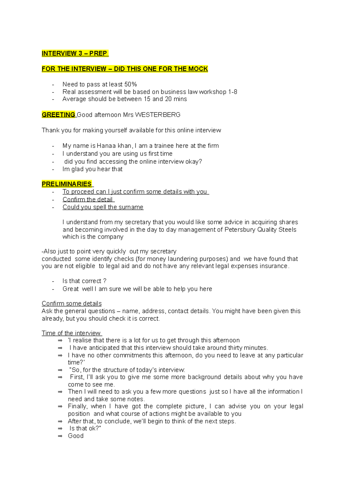 Mock Interview Preparation Notes for Business Law Workshop 1 - Studocu