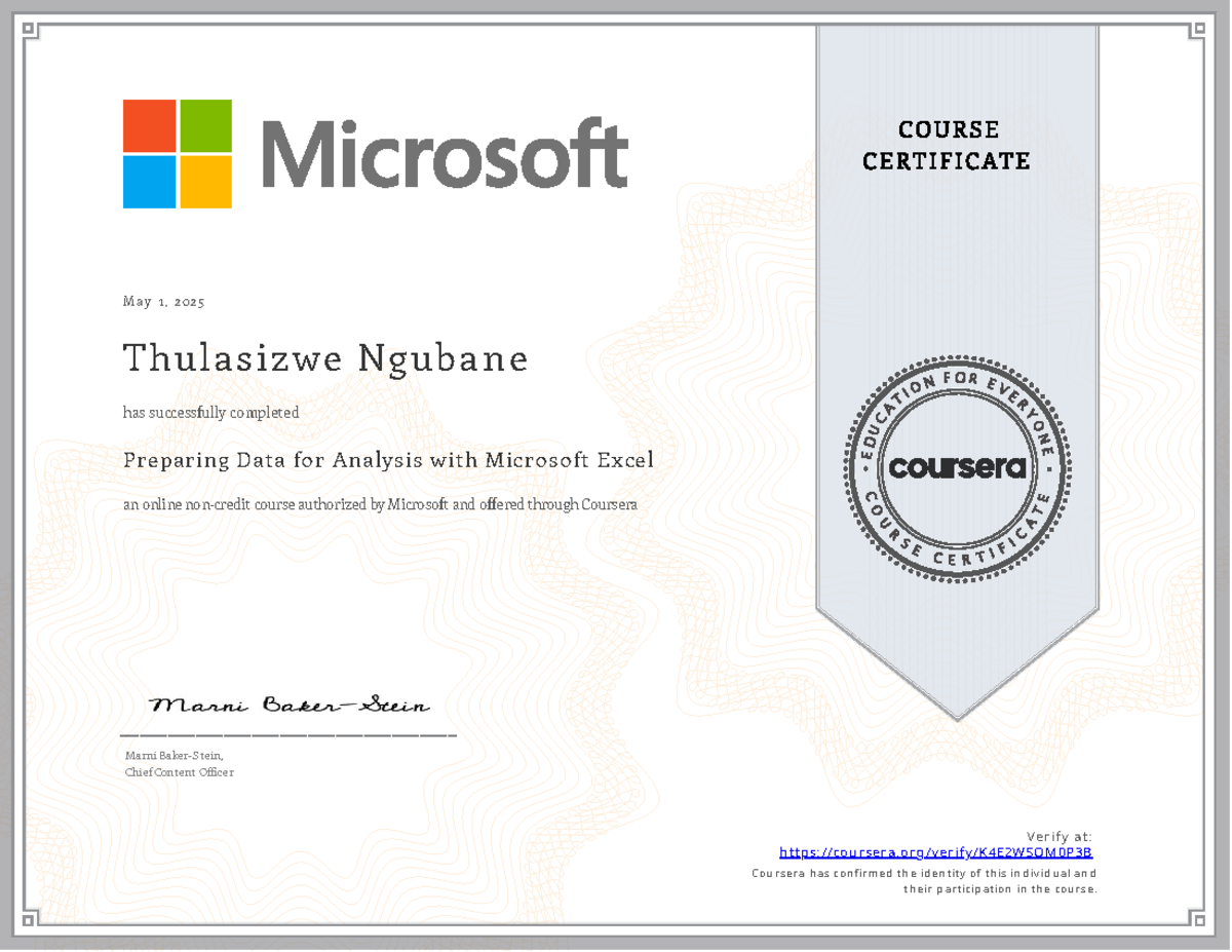 Preparing Data for Analysis with Excel - Coursera K4E2WSOM0P3B - Studocu