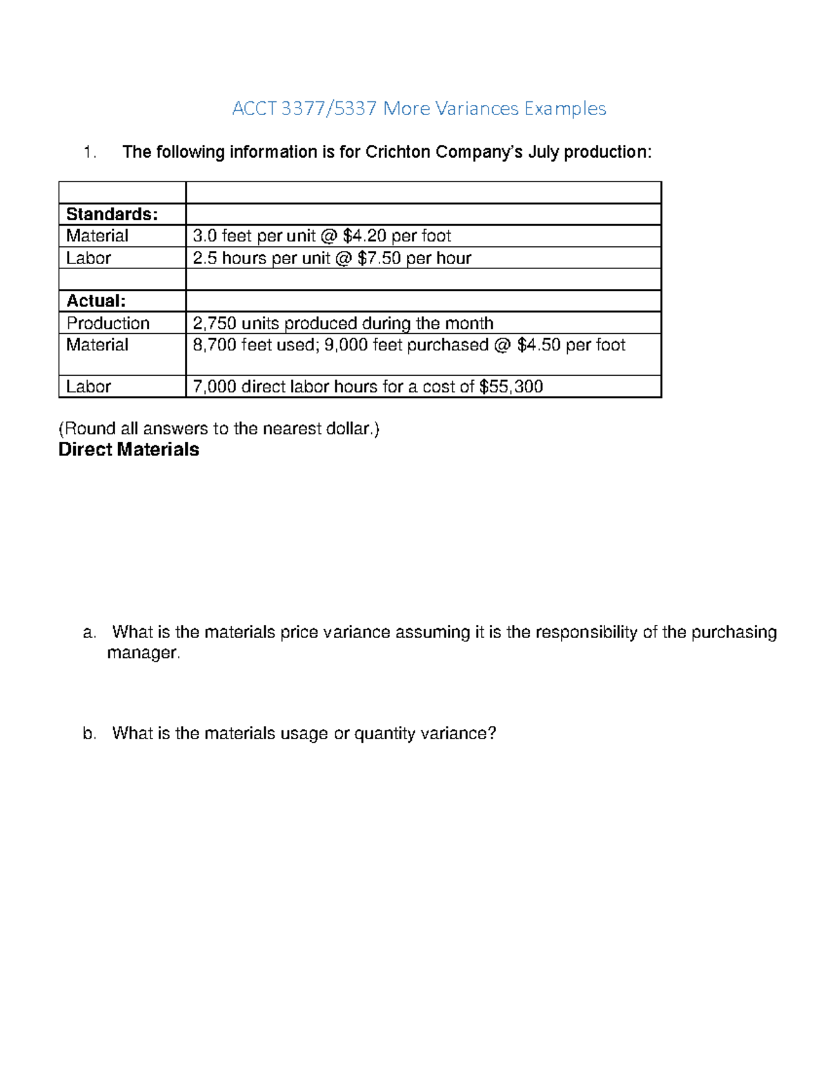 ACCT 3377 Chapter 9 Variance Problems Practice - ACCT 3377/5337 More ...