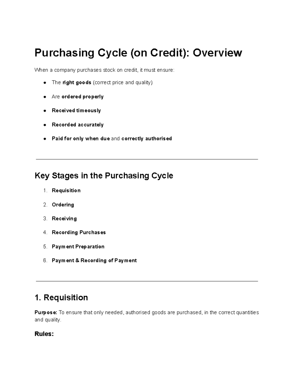 Purchasing Cycle (on Credit): Key Internal Controls & Processes - Studocu