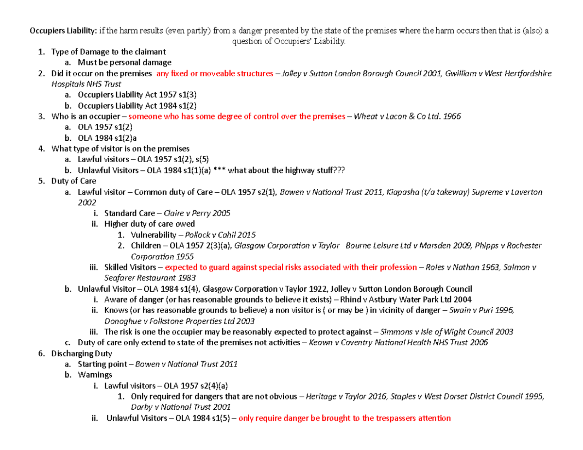 Occupiers Liability Problem Question: Key Issues & Case Analysis - Studocu