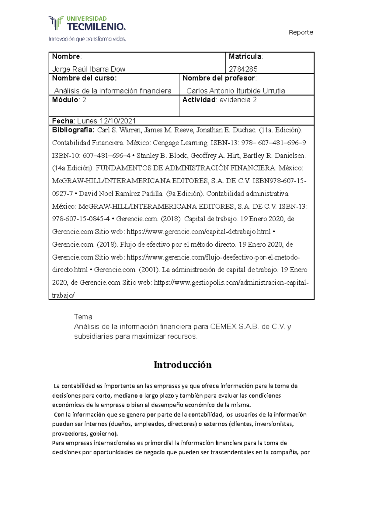 Análisis Financiero de CEMEX S.A.B. de C.V. – Evidencia 2 – 2784285 ...