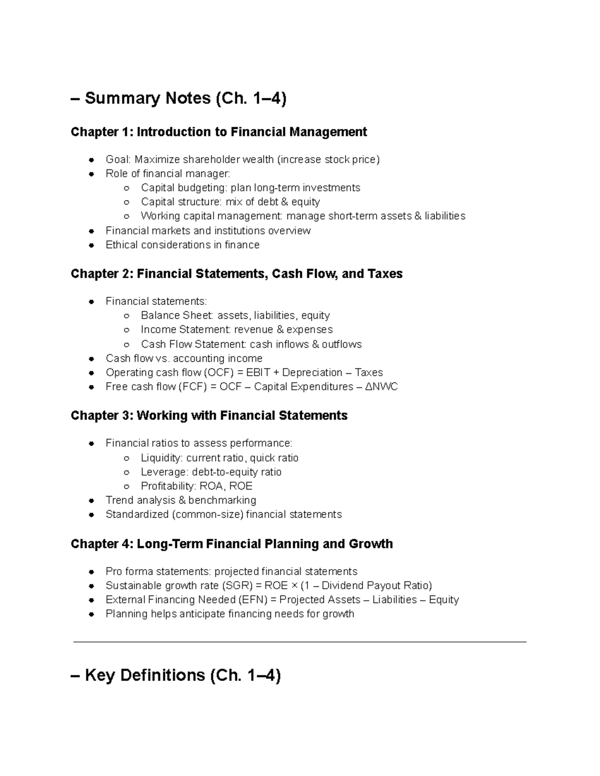 Summary Notes (FIN 101: Intro to Financial Management) - Studocu