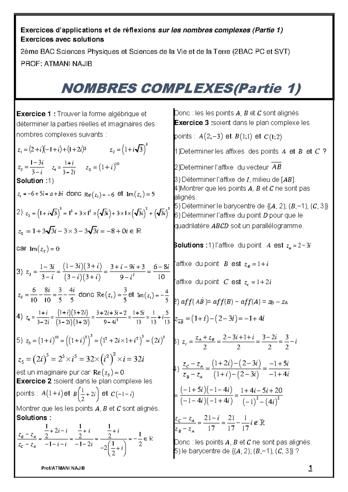 Exercices corrigés sur les Nombres Complexes (2BAC PC et SVT) - Studocu