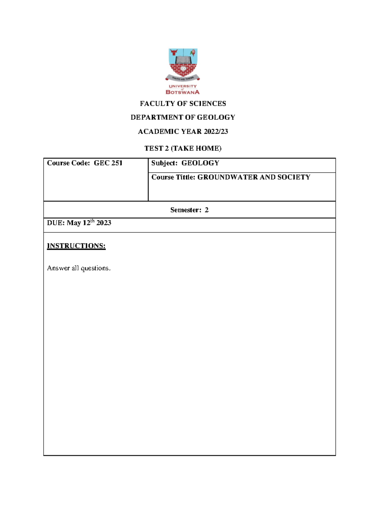 GEC 251 Test 2 2022-23 Marking Key and Answer Guide - Studocu