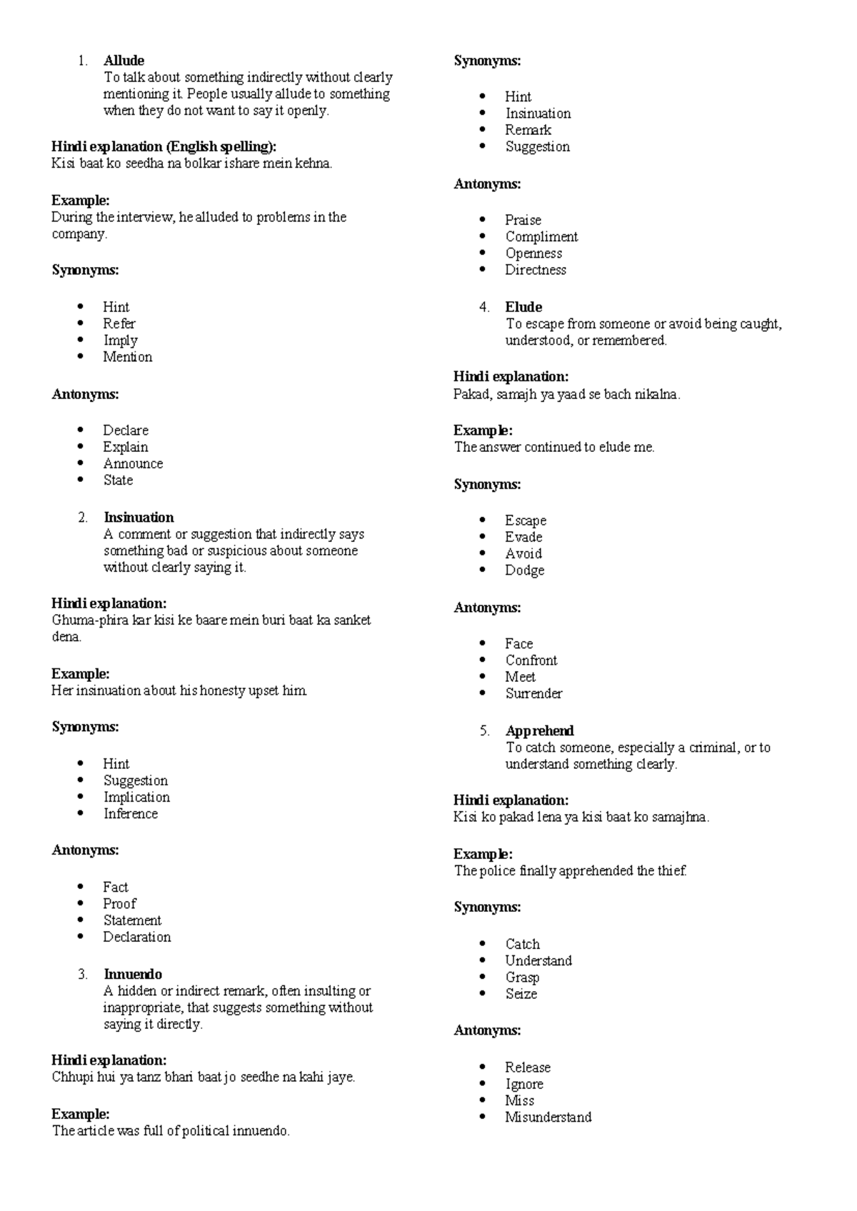 Vocabulary Notes for Course ENG101: Key Terms and Definitions - Studocu